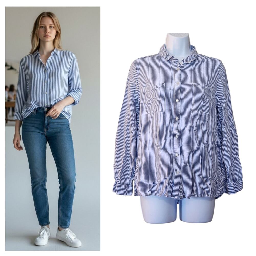Ambiance Womens Top Size L Juniors Blue White Striped Button Down Long Sleeve